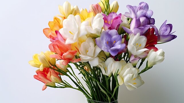 Beautiful bouquet of freesia flowers on a white background