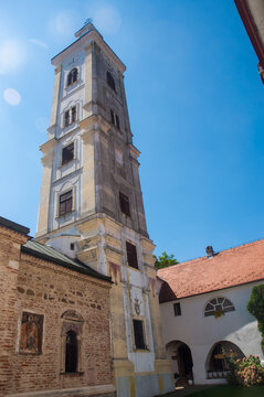 A low angle of Velika Remeta monastery in Velika Remeta village, Serbia with blue sky.