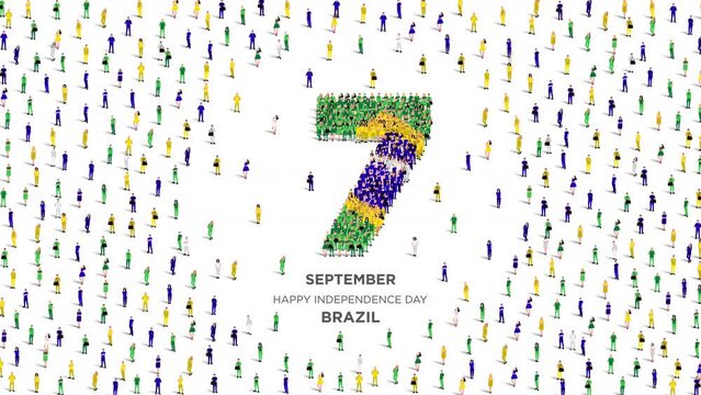 Happy Independence Day Brazil. A large group of people form to create the number 7 as Brazil celebrates its Independence Day on the 7th of September. 4K Animation Video.