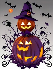 halloween background with pumpkin and bats,ai generative