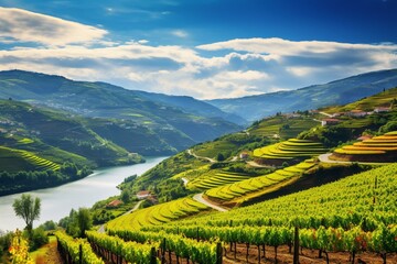Vineyards in the Douro Valley, Portugal. Portuguese Port wine. Terrace fields. Summer season. Generative AI - obrazy, fototapety, plakaty
