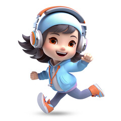 3D cute girl character dancing through headphones