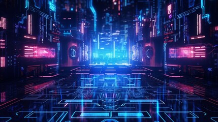 Cyberpunk Neon Background with Hi-Tech Symbols. AI generated