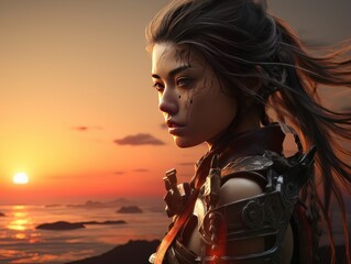 Portrait of beautiful epic warrior woman at sunset AI