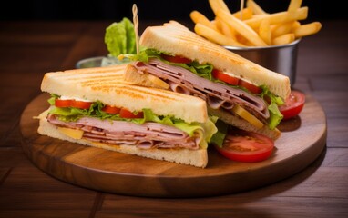 Club sandwiches with french fries on wooden table background