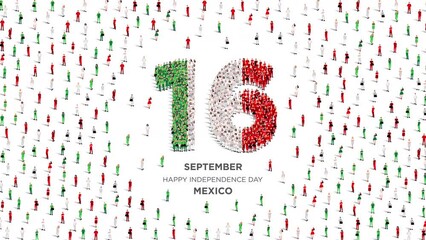 Happy Independence Day Mexico. A large group of people form to create the number 16 as Mexico celebrates its Independence Day on the 16th of September. 4K Animation Video. - Powered by Adobe