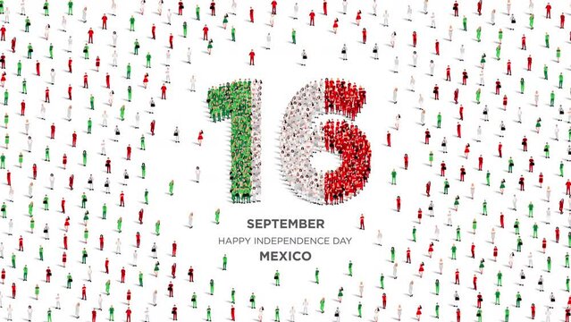 Happy Independence Day Mexico. A large group of people form to create the number 16 as Mexico celebrates its Independence Day on the 16th of September. 4K Animation Video.