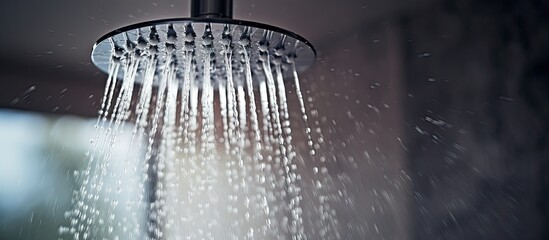 Rain shower head in bathroom streaming water up close for plumbing promotion - obrazy, fototapety, plakaty