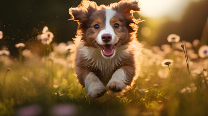 Heartwarming Image of Adorable Puppy Sprinting Joyfully Across a Lush Meadow.