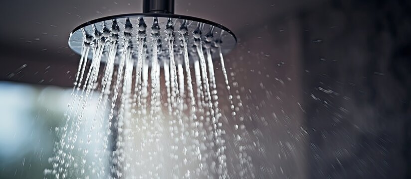 Rain shower head in bathroom streaming water up close for plumbing promotion