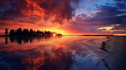 Beautiful sunset on the lake. Colorful sky with clouds.