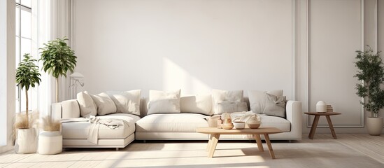 Scandi style illustration of a white living room with a sofa