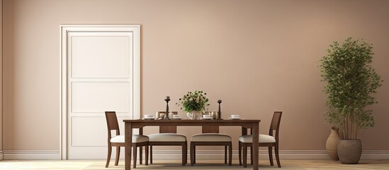 Rendered dining room featuring a wooden table and door in a beige color scheme
