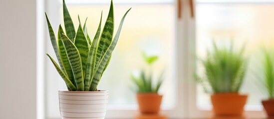 Sansevieria parva in a clay flower pot on a windowsill Home plant care in a modern apartment