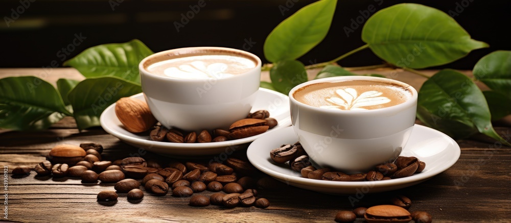 Poster small cups of coffee with cocoa beans chocolate slices hazelnuts and green leaves on a wooden backgr