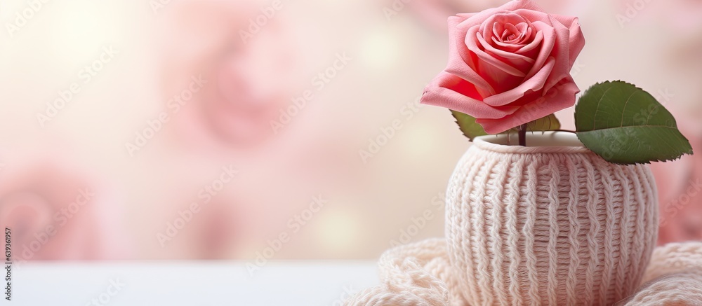 Aufkleber Blurred background with a knitted element and a rose in a vase