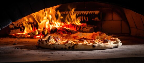 Blazing fire inside oven used for pizza