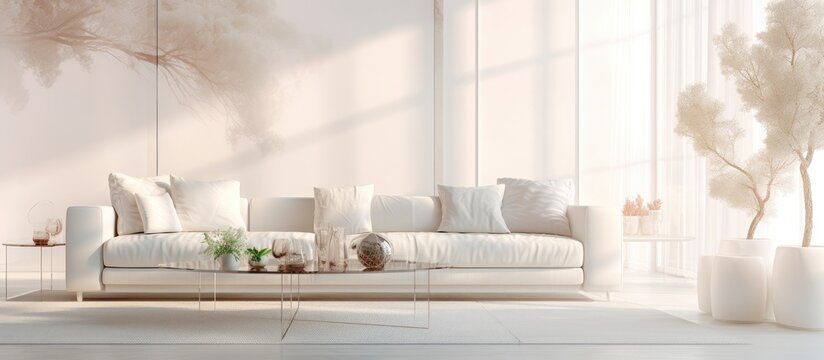 mock up of a white living room with two sofas coffee table big windows carpet and poster seen from the side