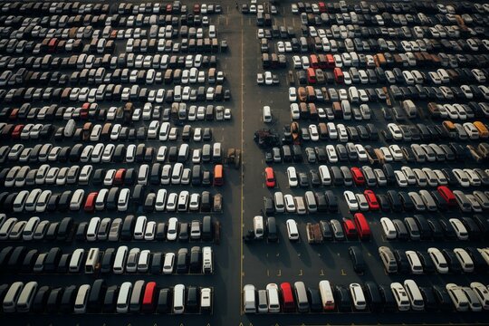 Aerial view of truck-filled parking lot. Generative AI