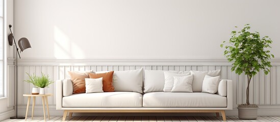 Scandinavian interior design depicted in a illustration with a white sofa in the living room