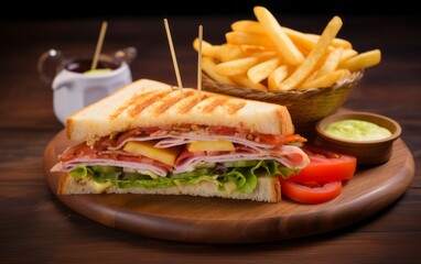 Club sandwiches with french fries on wooden table background