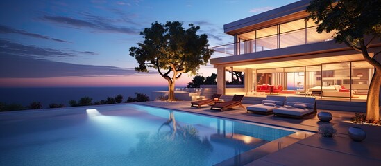 a sea view villa with a pool at night