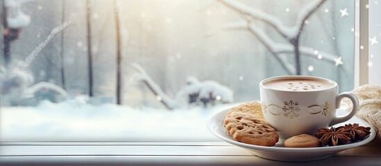 Obraz na płótnie Canvas Winter drink cappuccino and cookies on windowsill indoors editable space