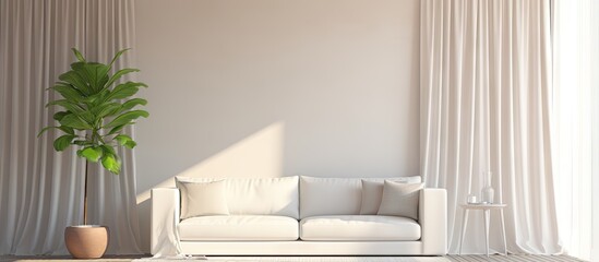 Modern living room with sunny day and white curtain backdrop