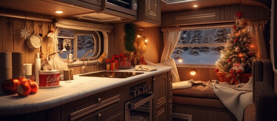 Winter camping in a trailer or camper van for family travel during the holidays