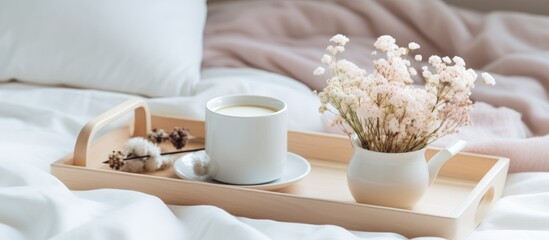 Obraz na płótnie Canvas Comfy home style indulgence bed tray coffee marshmallows