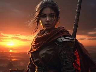 Naklejka premium Woman warrior silhouette with samurai sword at fiery sunset in Asian style AI