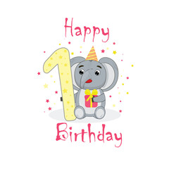 happy birthday one party yellow pink gift elephant illustration eps10