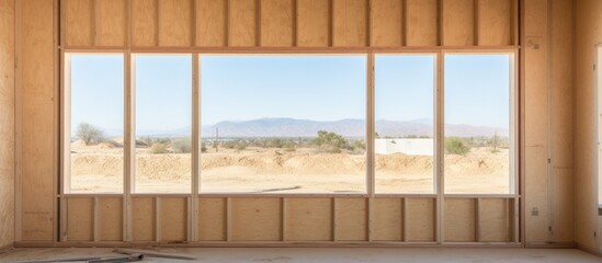 Under construction a new home has a window covered in plywood
