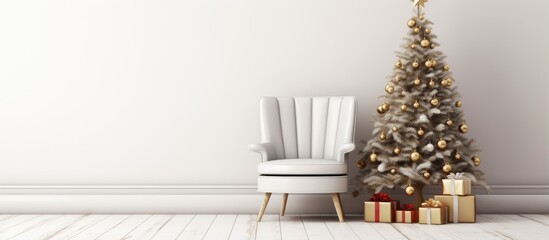 White room with wood floor texture and chair featuring a Christmas tree awaiting Christmas day