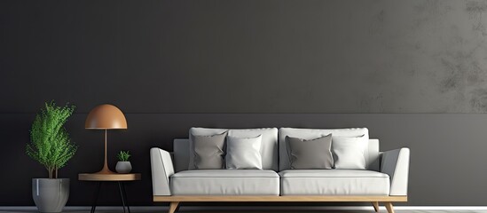 living room with dark wall and gray sofa
