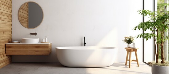 Fototapeta na wymiar mock up of a wooden and white bathroom interior featuring tiled walls a tub and a round sink