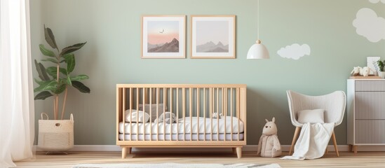 Nursery decorated with adorable posters drawers and cozy crib
