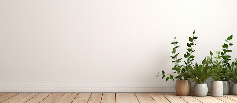 a white walled room with plants on wooden floor