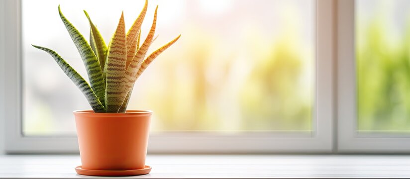 Sansevieria parva in a clay flower pot on a windowsill Home plant care in a modern apartment