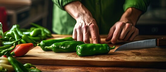 Close up view of man slicing Italian green pepper on wooden cutting board