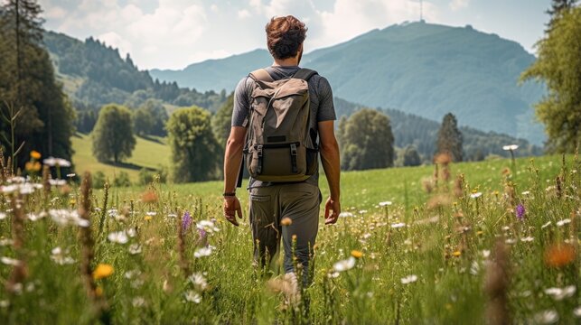 Male hiker, full body, view from behind, walking through a meadow with wildfolwers