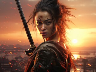 Woman warrior silhouette with samurai sword at fiery sunset in Asian style AI