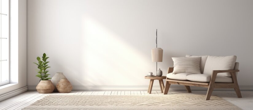 depicted white background rug with ethnic geometric pattern Scandinavian style with long pile and braids