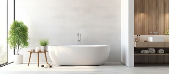 Fototapeta na wymiar Luxurious contemporary bathroom exhibit featuring a sleek tub and shower
