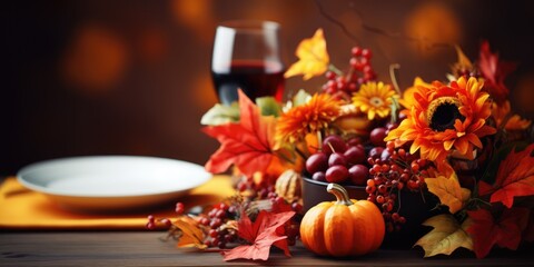 Autumn serving dish, theme Halloween autumn bouquet, plate and wine on table. Generative AI