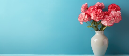 Colorful wall with vase of pretty carnations on table