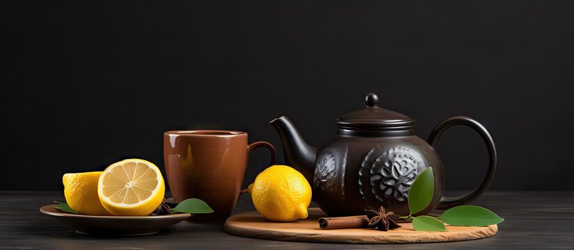 Teapot and cup with black tea and lemon on table at home no one
