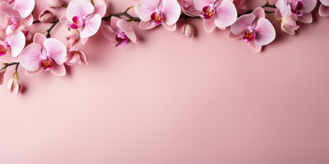 Pink orchids on pink background, top view, space for text or your product. Generative AI