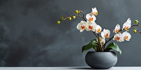 White orchid in flower pot, flowering branch, marble background, Generative AI