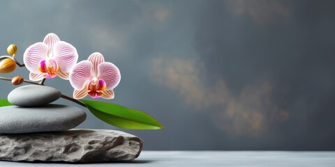 Orchids on stones, dark background, top view, space for text, your product, Generative AI